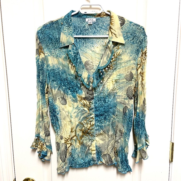 Boho Beaded Floral Top XL Blue Yellow Crinkle Blouse - Picture 1 of 13